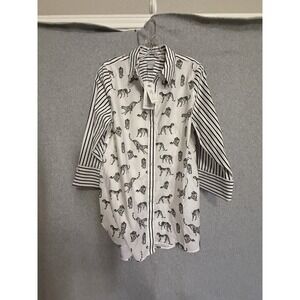 Chicos Shirt Womens 8 White Leopard Stripe No Iron Tunic 3/4 Sleeve Animal Print